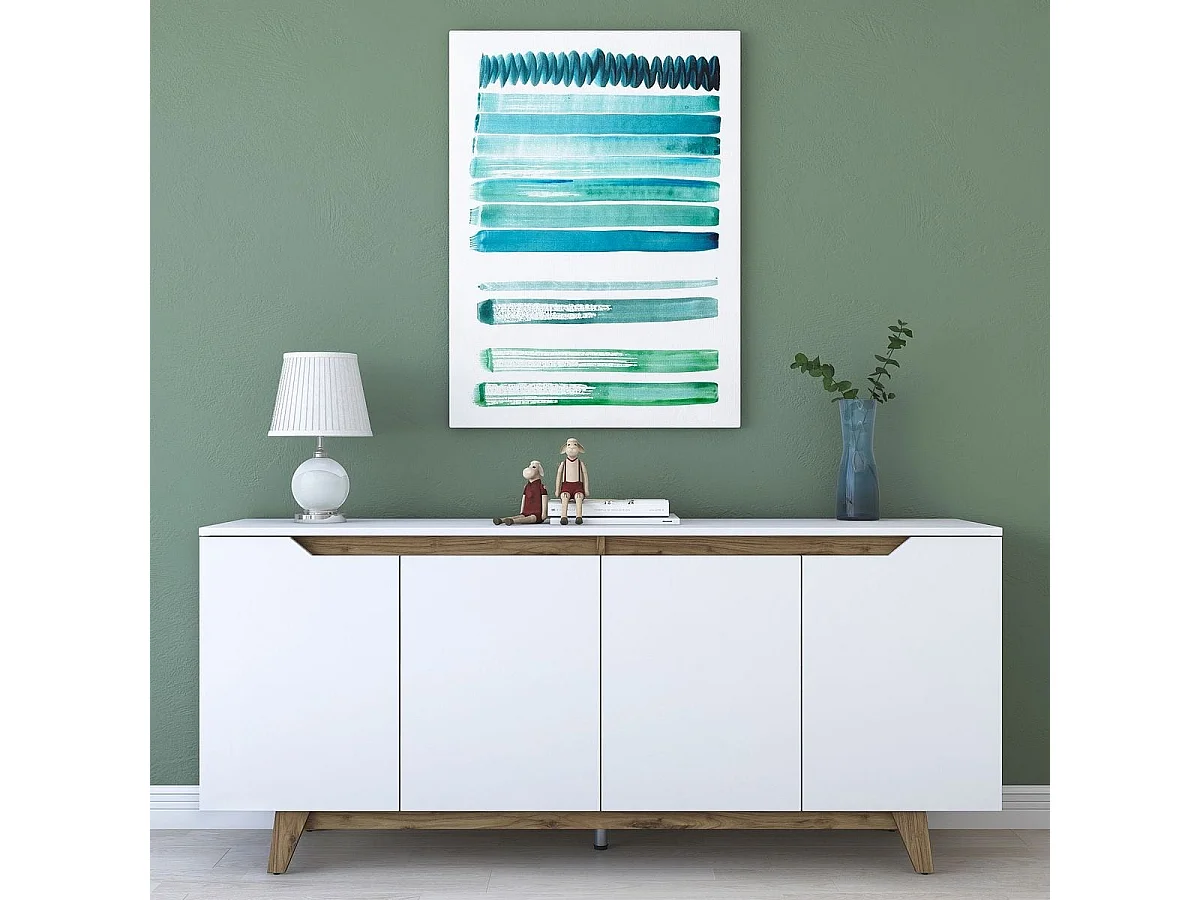 Buffet 4 portes blanc, piètement Noyer 180 cm - Nola