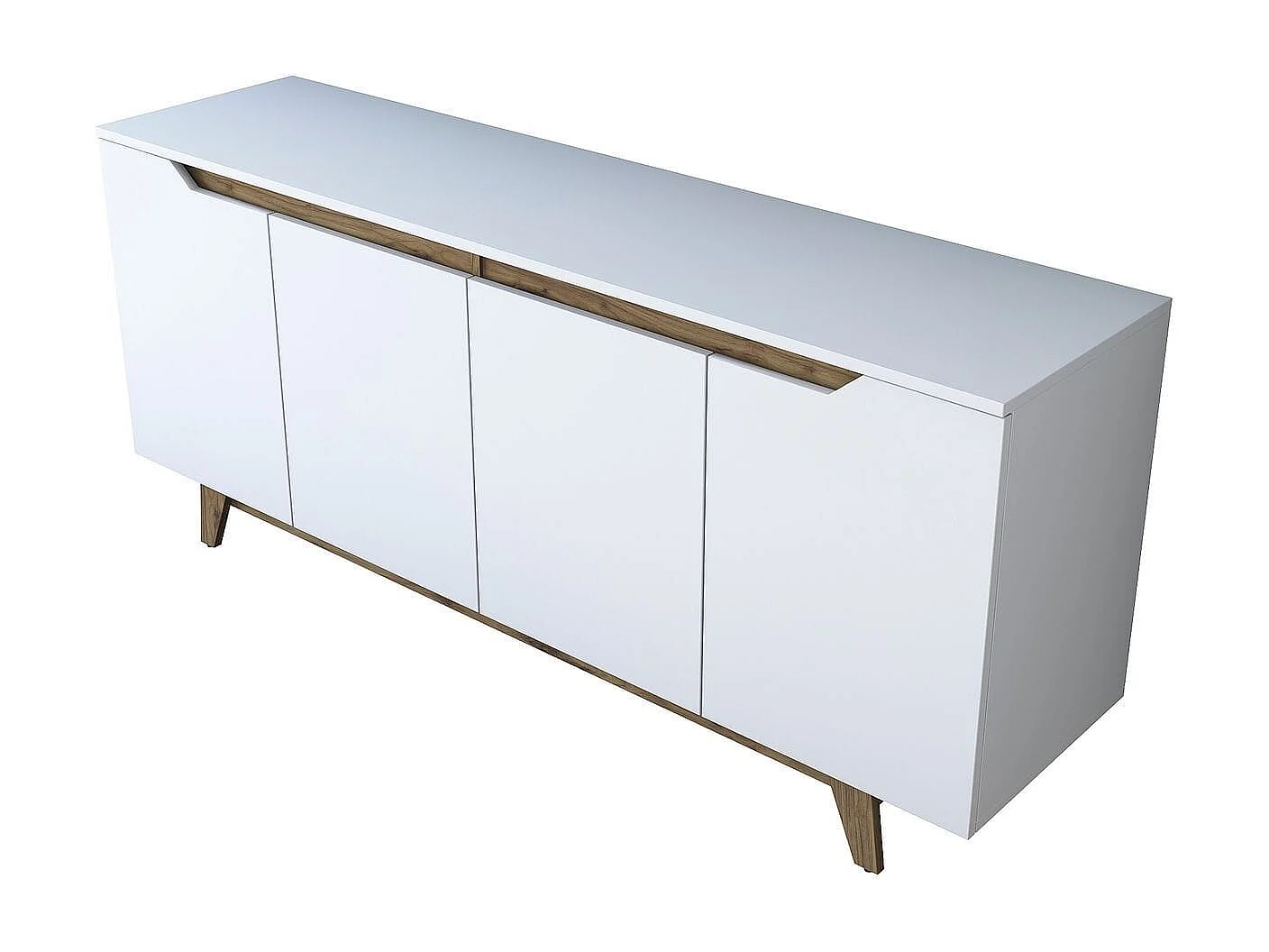 Buffet 4 portes blanc, piètement Noyer 180 cm - Nola
