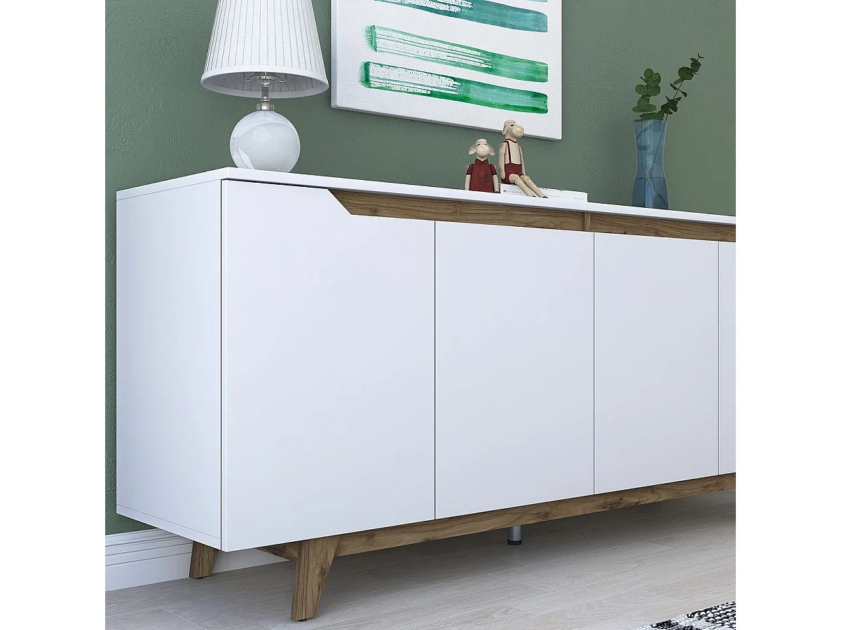 Buffet 4 portes blanc, piètement Noyer 180 cm - Nola