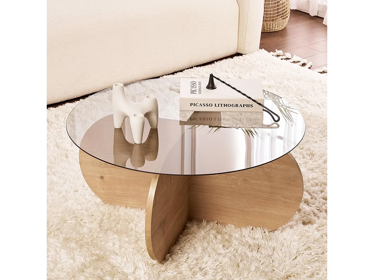 Table basse ronde effet Chêne clair et verre fumé Ø75 cm - Eolia