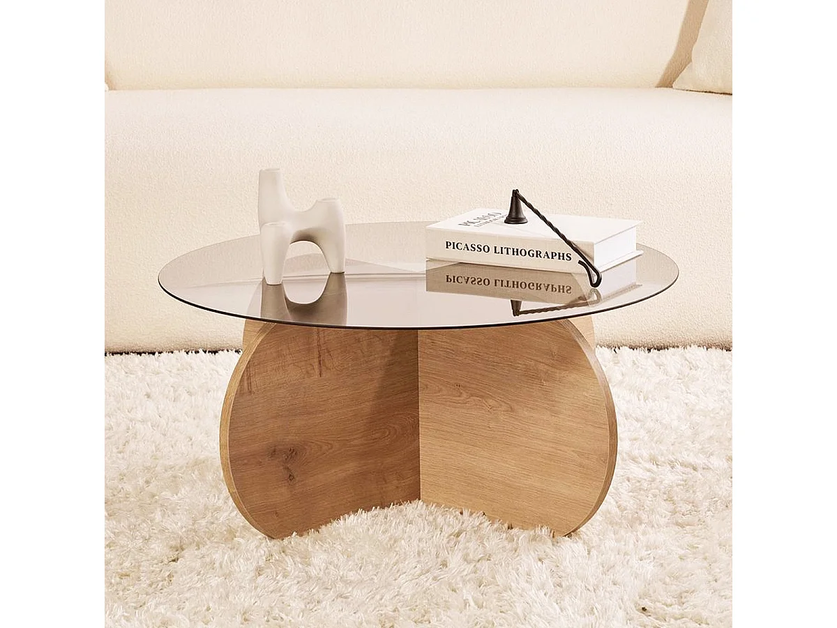 Table basse ronde effet Chêne clair et verre fumé Ø75 cm - Eolia