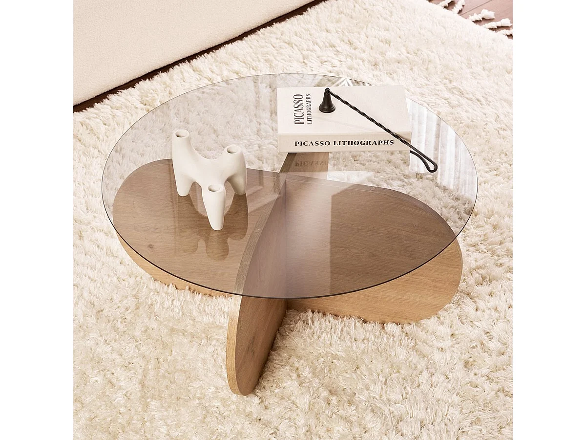 Table basse ronde effet Chêne clair et verre fumé Ø75 cm - Eolia