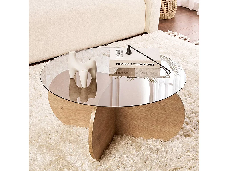 Table basse ronde effet Chêne clair et verre fumé Ø75 cm - Eolia