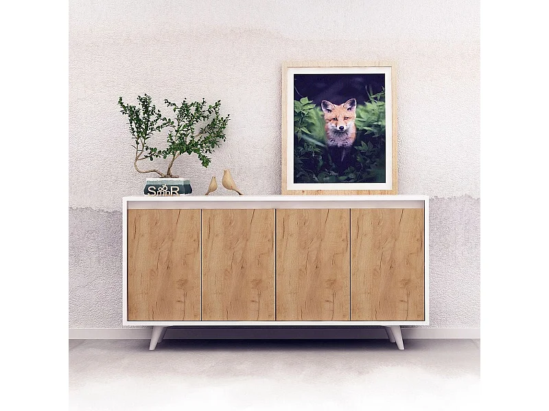 Buffet 4 portes blanc & effet chêne 140 cm - Corin