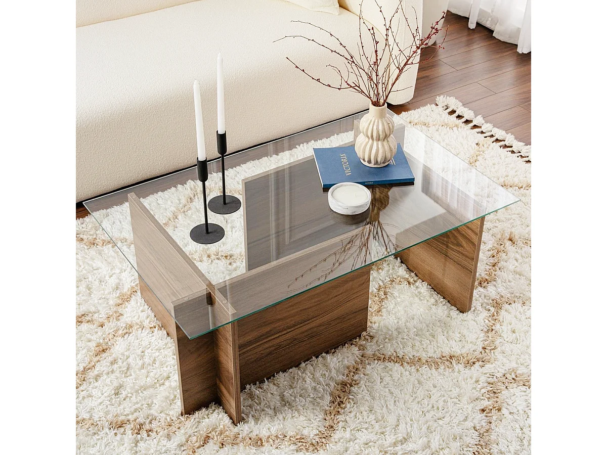 Table basse rectangulaire effet Noyer et verre 105 cm - Kael