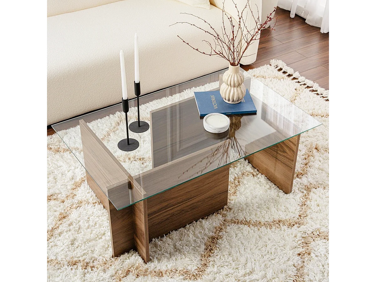 Table basse rectangulaire effet Noyer et verre 105 cm - Kael