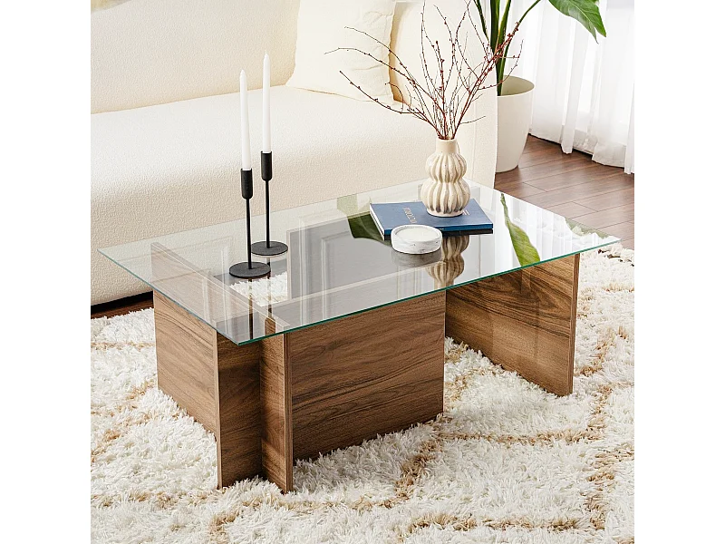 Table basse rectangulaire effet Noyer et verre 105 cm - Kael