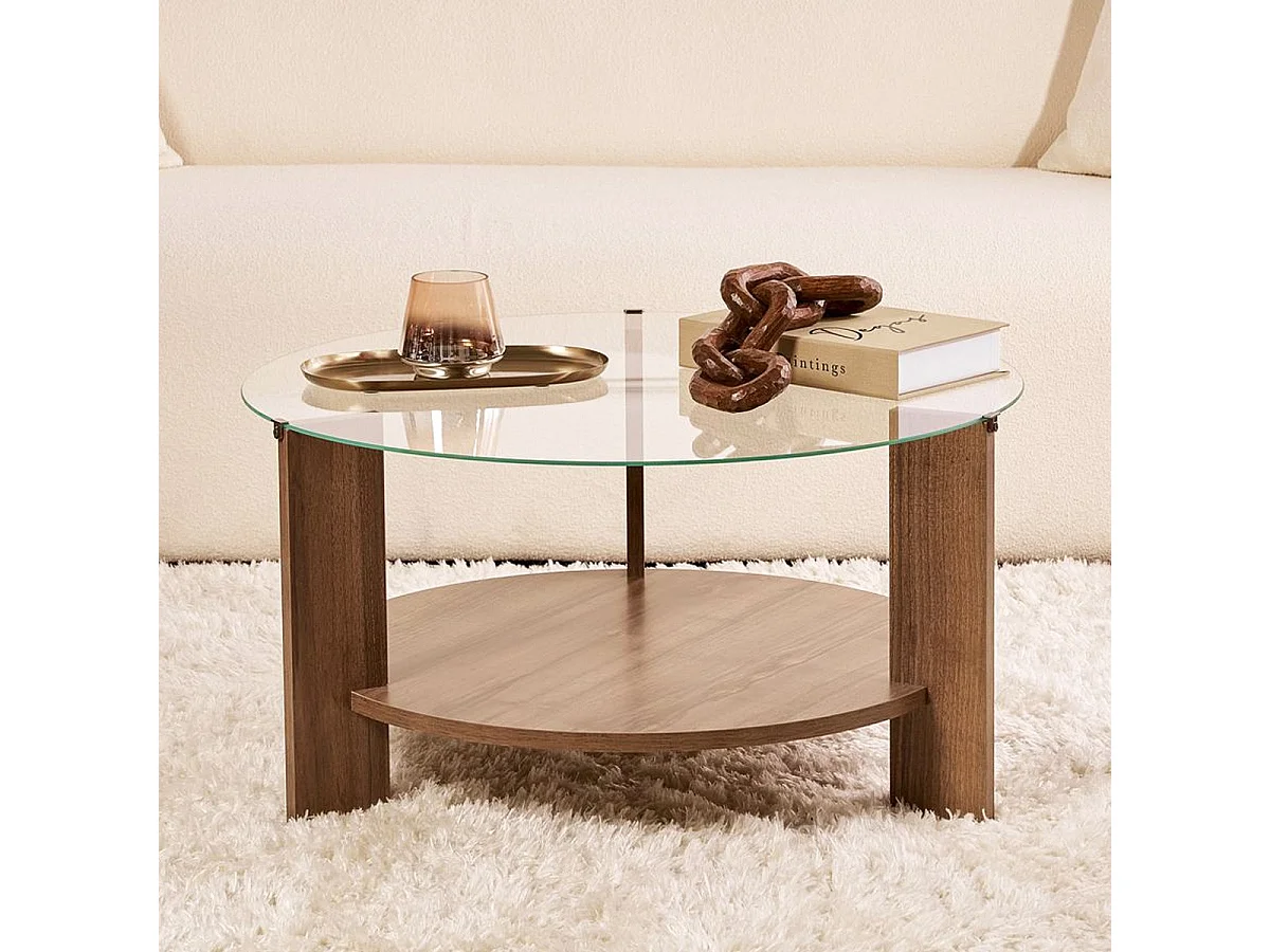 Table basse ronde effet Noyer et verre Ø75 cm - Elora