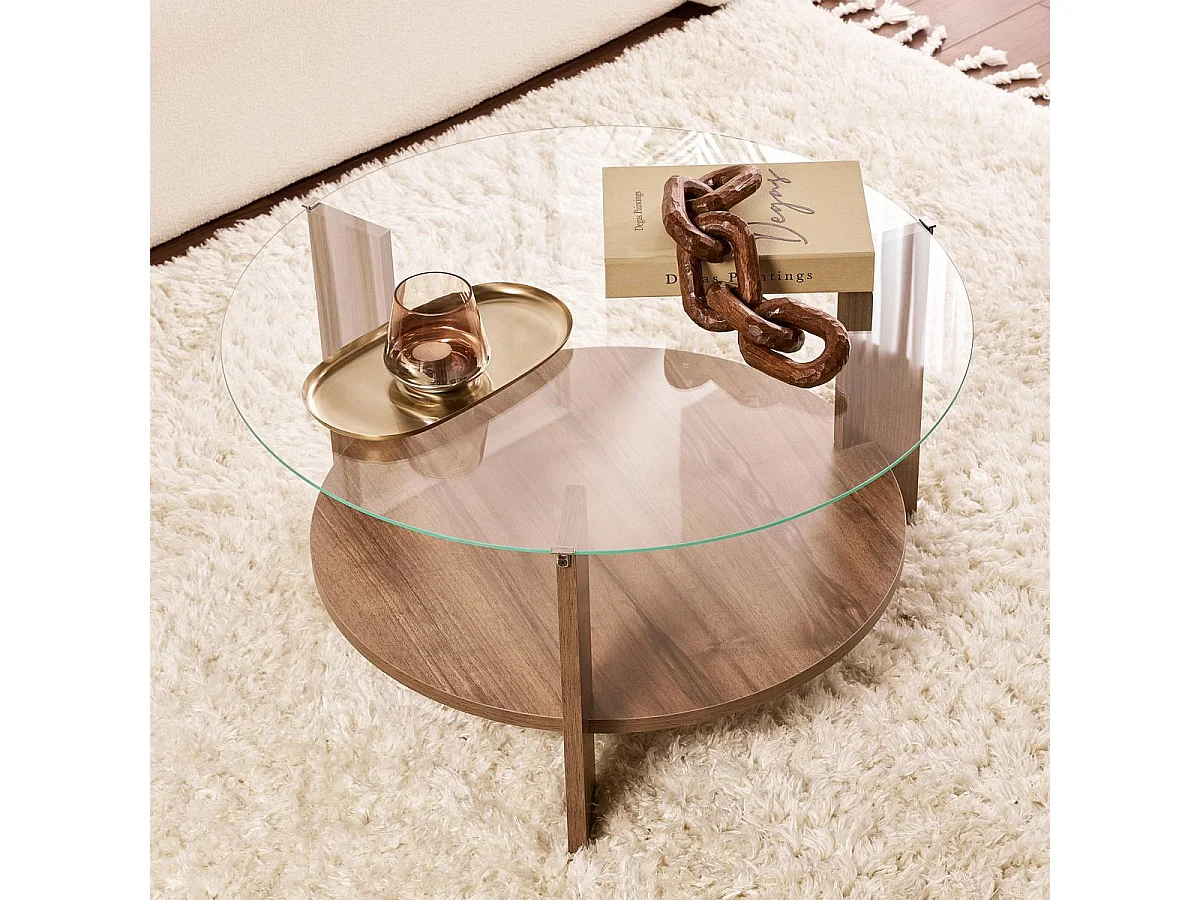 Table basse ronde effet Noyer et verre Ø75 cm - Elora