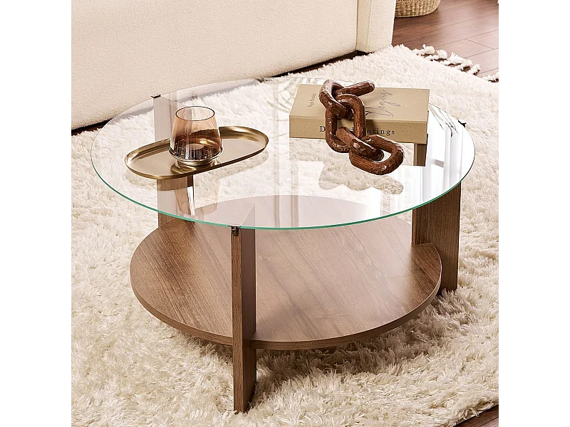 Table basse ronde effet Noyer et verre Ø75 cm - Elora
