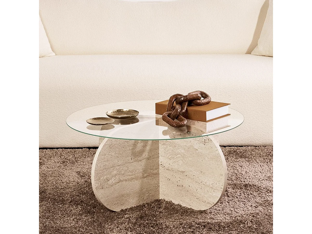 Table basse ronde effet Travertin et verre Ø75 cm - Eolia