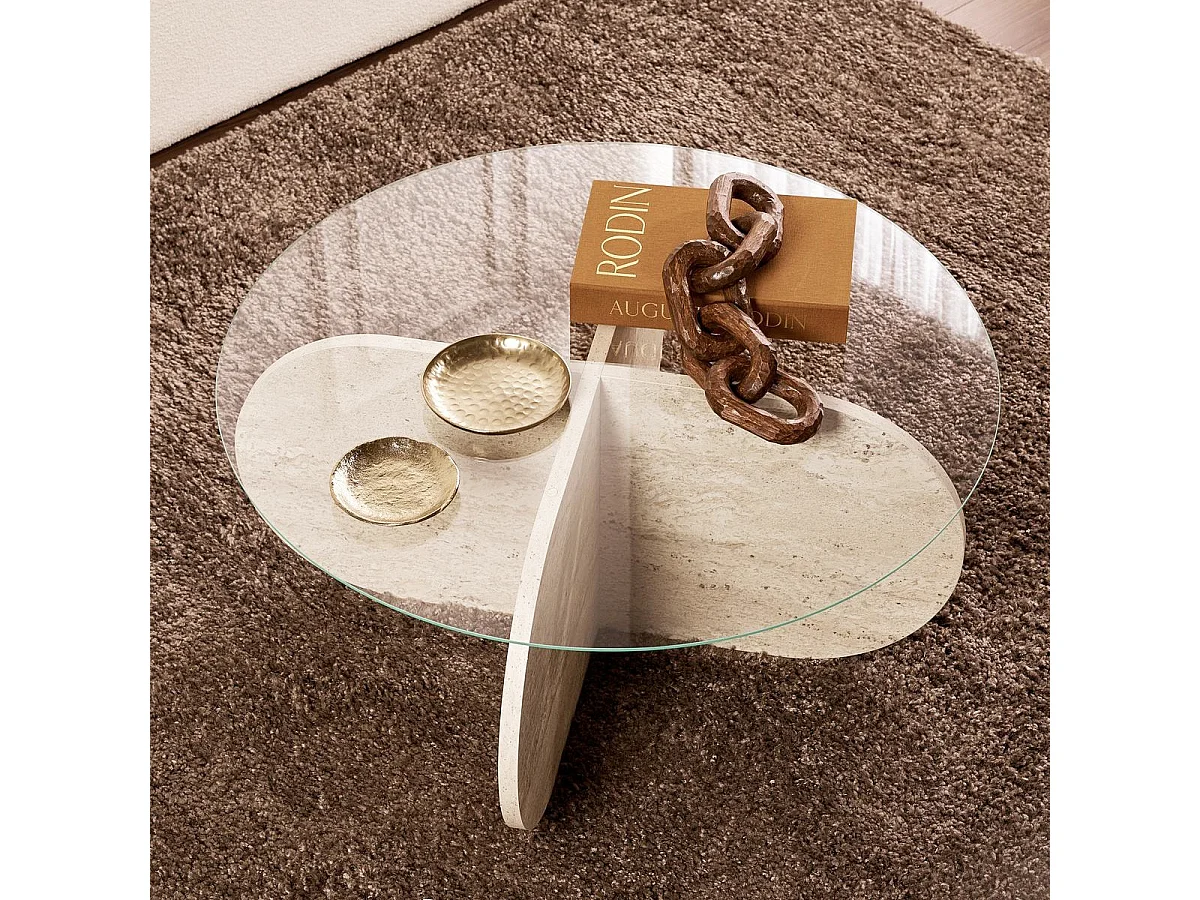 Table basse ronde effet Travertin et verre Ø75 cm - Eolia