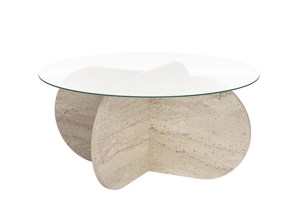 Table basse ronde effet Travertin et verre Ø75 cm - Eolia