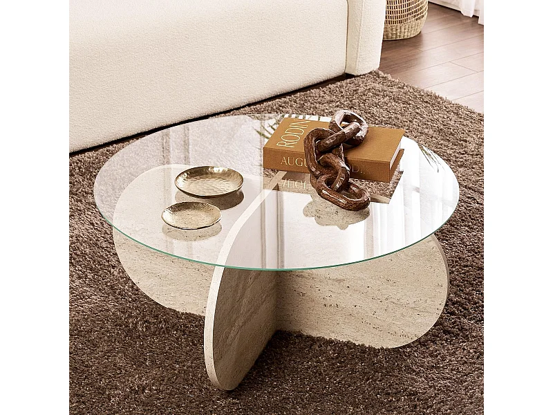 Table basse ronde effet Travertin et verre Ø75 cm - Eolia