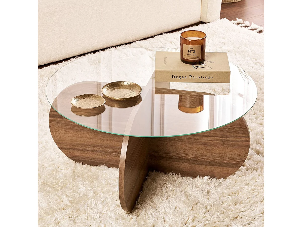 Table basse ronde effet Noyer et verre Ø75 cm - Eolia