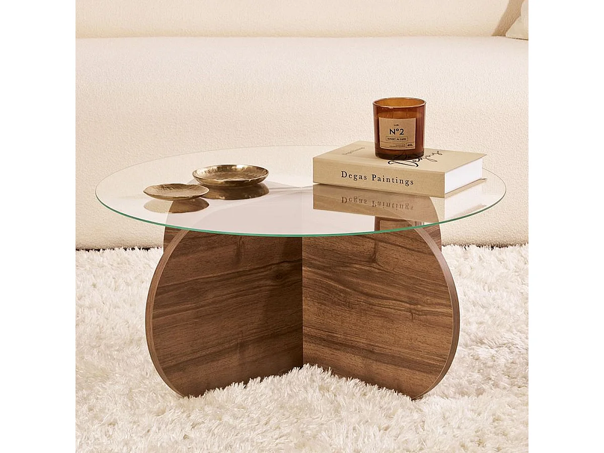 Table basse ronde effet Noyer et verre Ø75 cm - Eolia