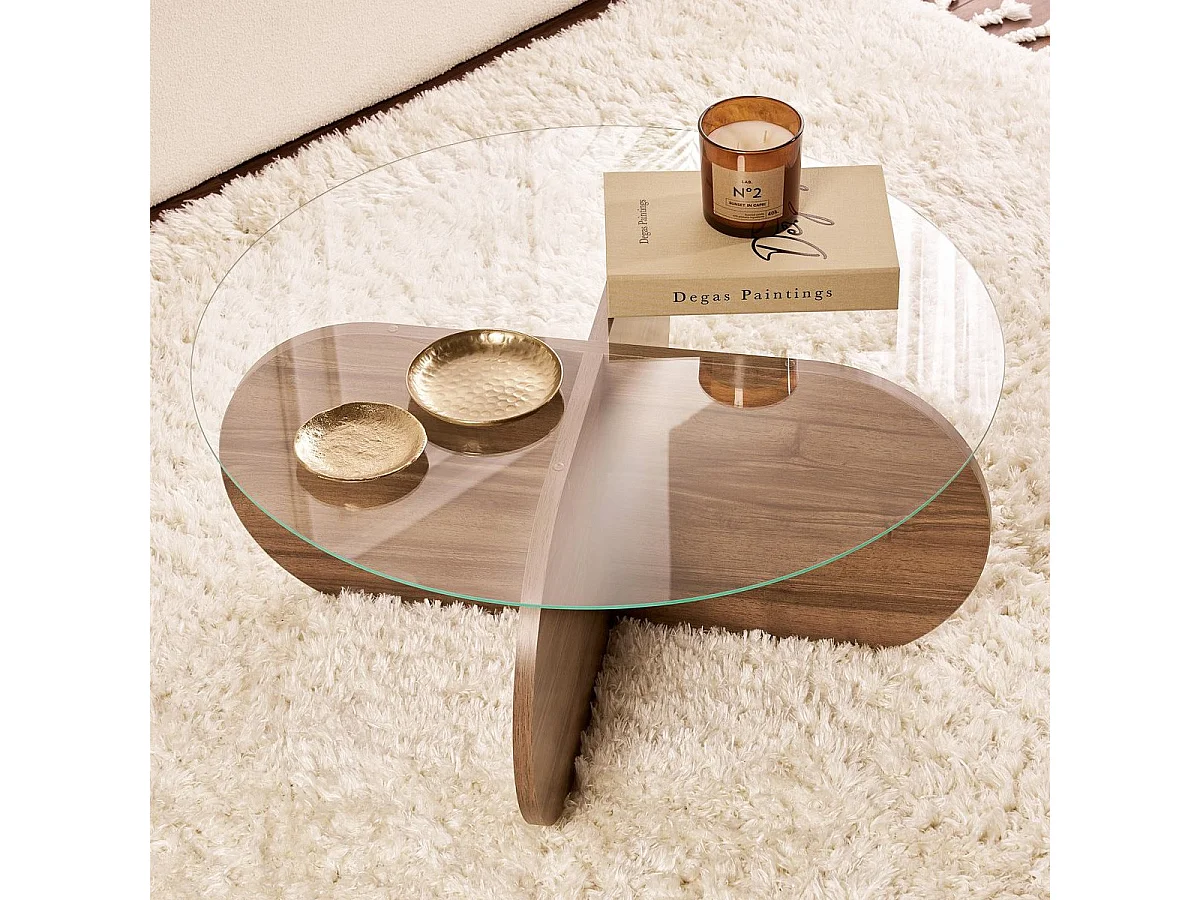 Table basse ronde effet Noyer et verre Ø75 cm - Eolia