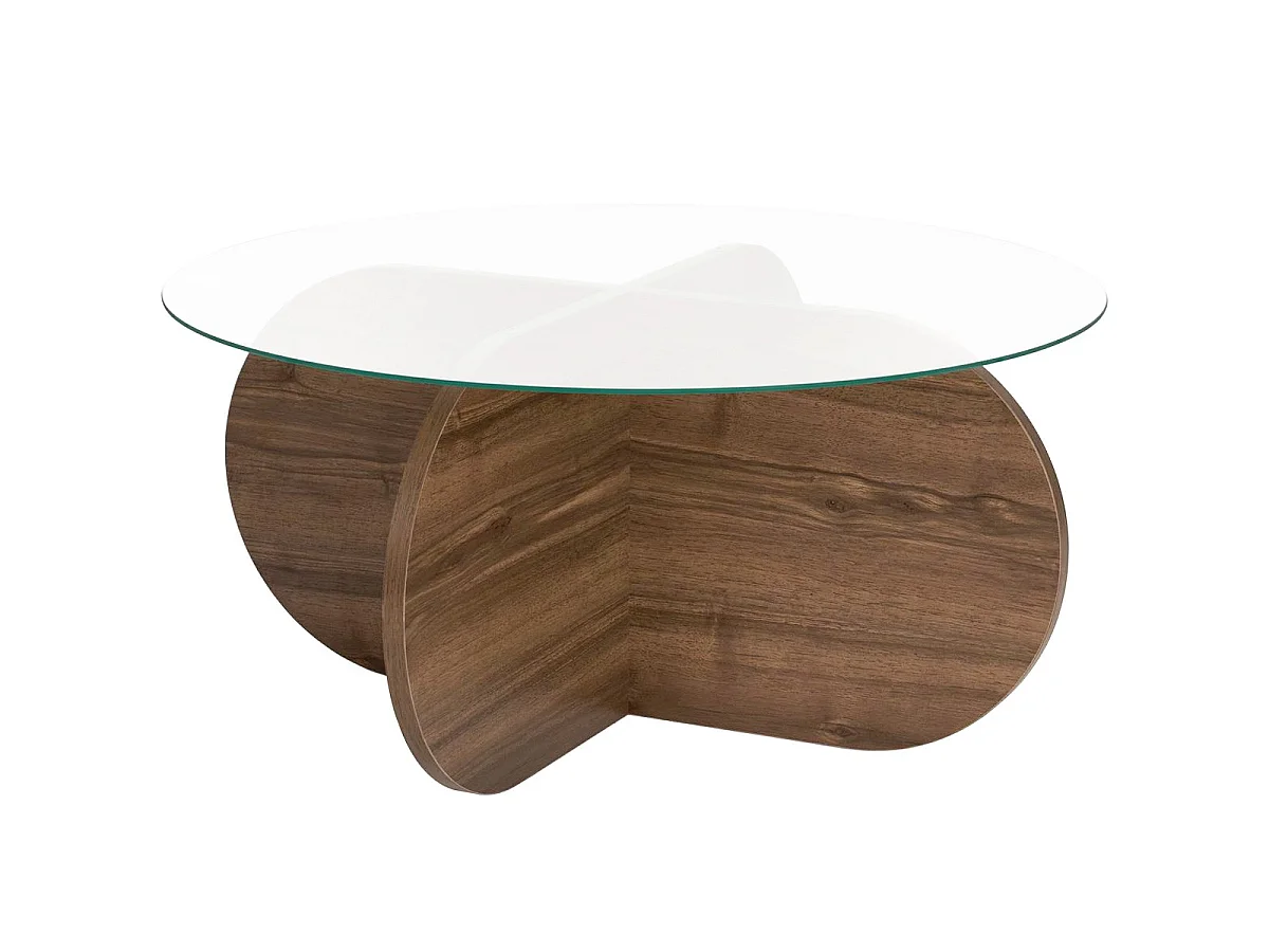 Table basse ronde effet Noyer et verre Ø75 cm - Eolia