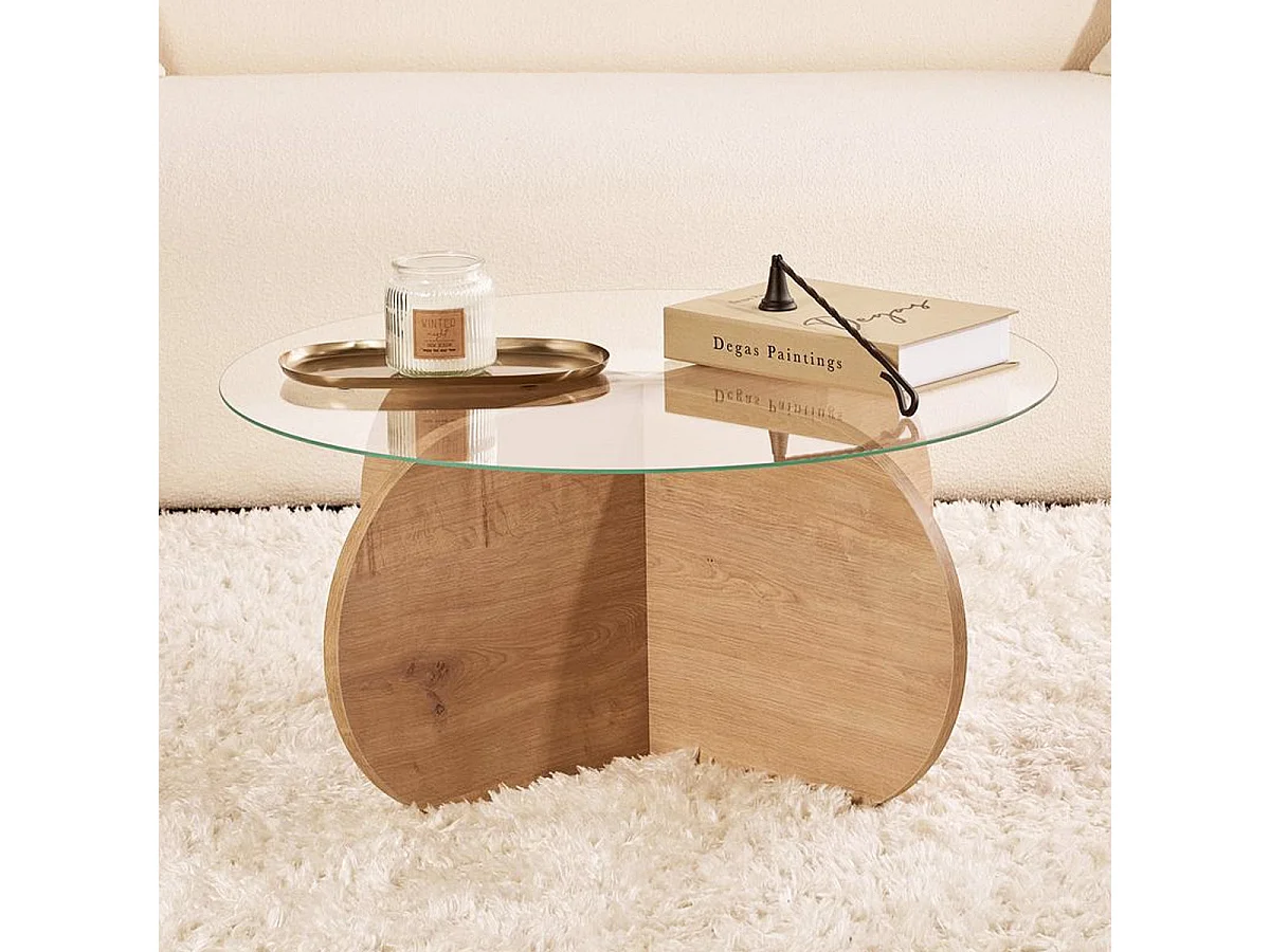 Table basse ronde effet Chêne clair et verre Ø75 cm - Eolia