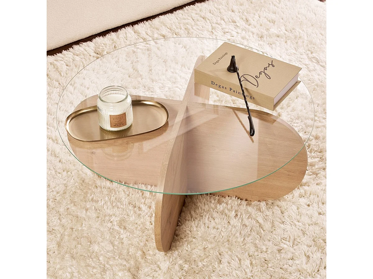 Table basse ronde effet Chêne clair et verre Ø75 cm - Eolia