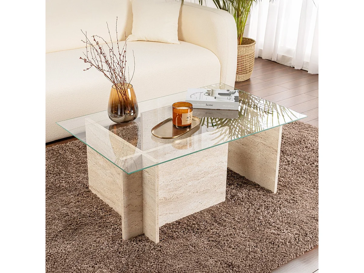 Table basse rectangulaire effet Travertin et verre 105 cm - Kael