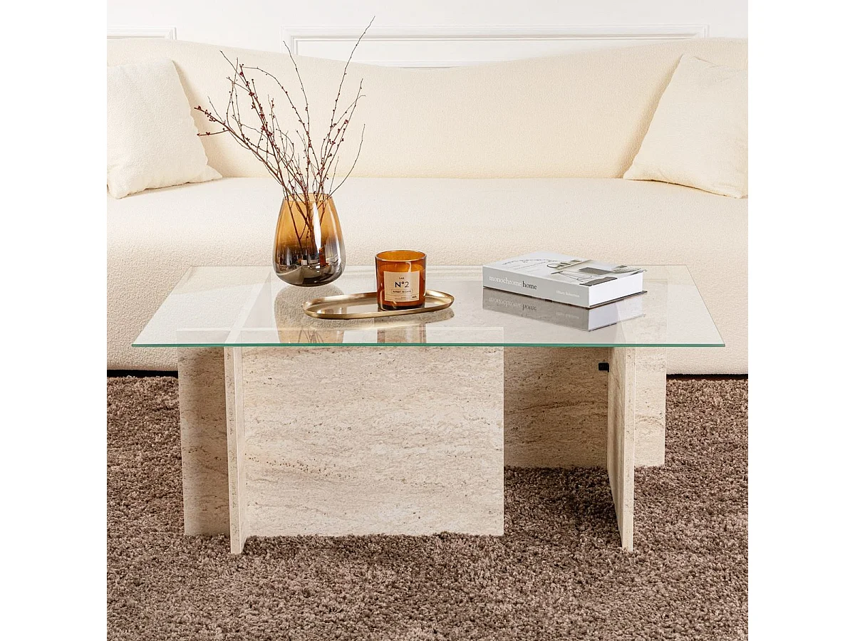 Table basse rectangulaire effet Travertin et verre 105 cm - Kael