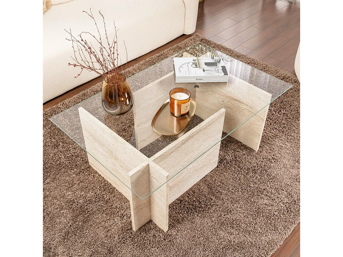 Table basse rectangulaire effet Travertin et verre 105 cm - Kael