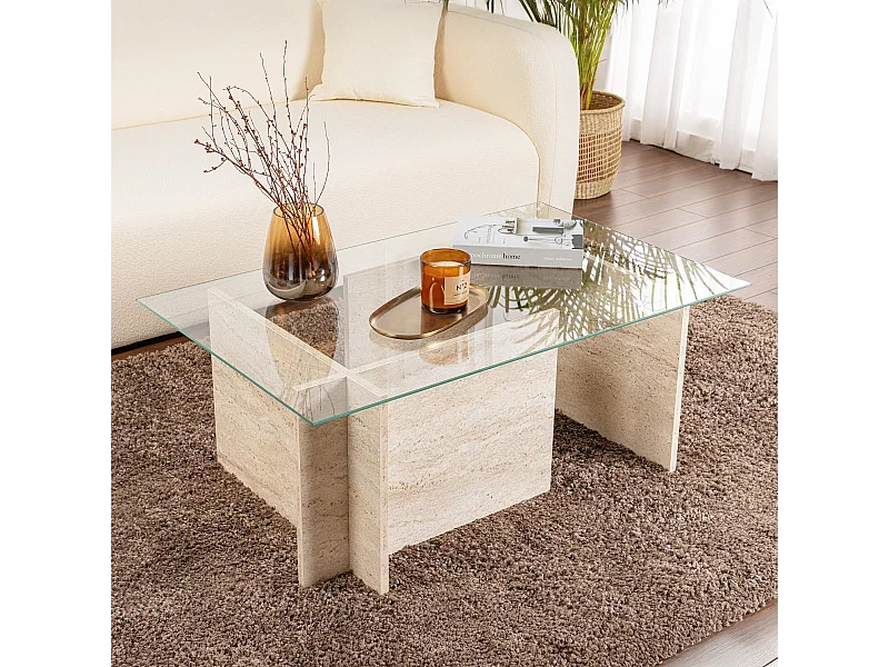 Table basse rectangulaire effet Travertin et verre 105 cm - Kael