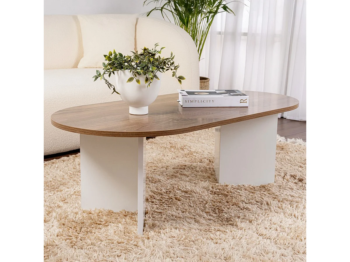 Table basse ovale effet Noyer et piètement blanc 119 cm - Orane