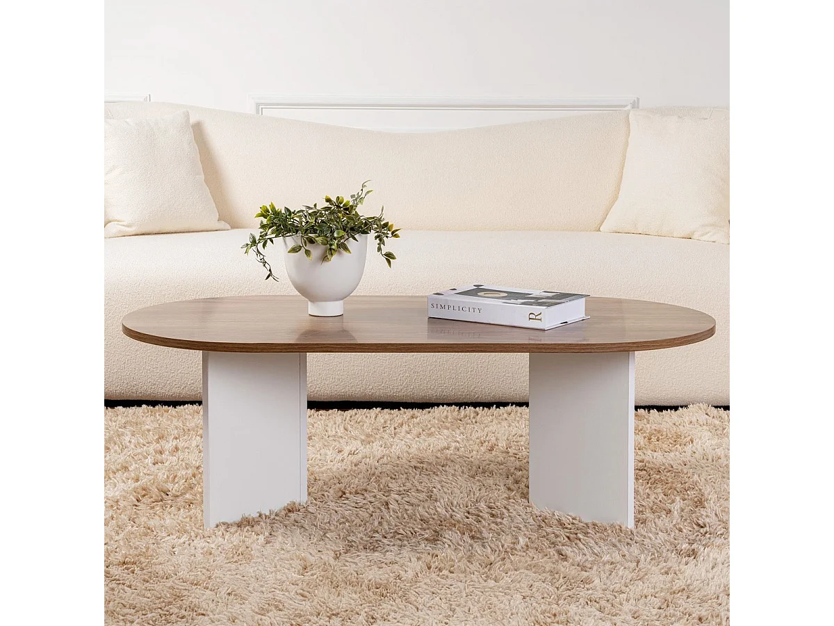 Table basse ovale effet Noyer et piètement blanc 119 cm - Orane