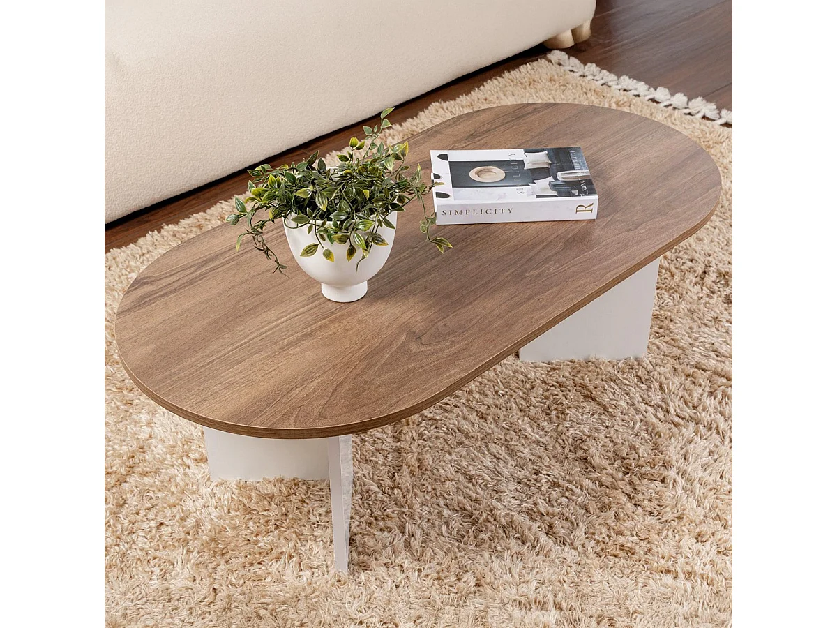 Table basse ovale effet Noyer et piètement blanc 119 cm - Orane