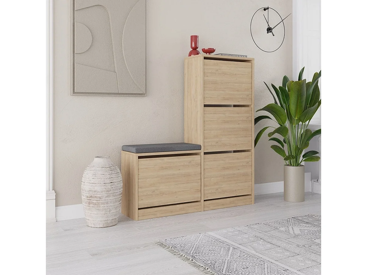 Meuble à chaussures 4 portes avec banc effet chêne 105 cm - Kira