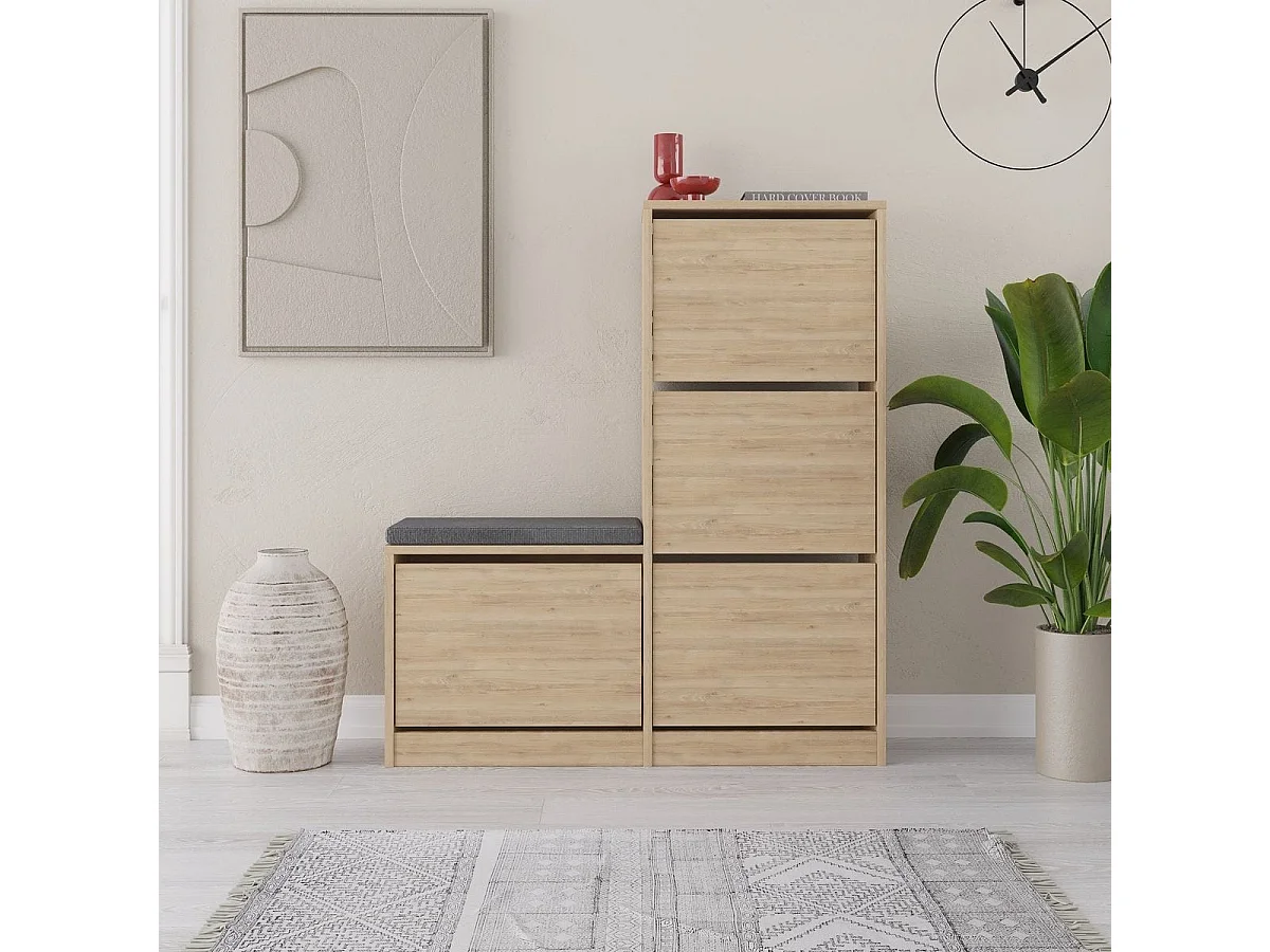 Meuble à chaussures 4 portes avec banc effet chêne 105 cm - Kira