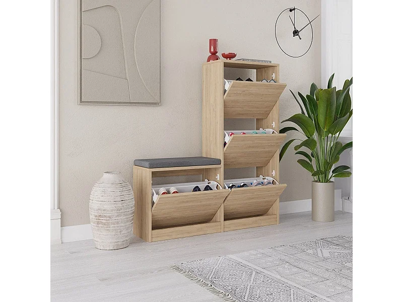 Meuble à chaussures 4 portes avec banc effet chêne 105 cm - Kira