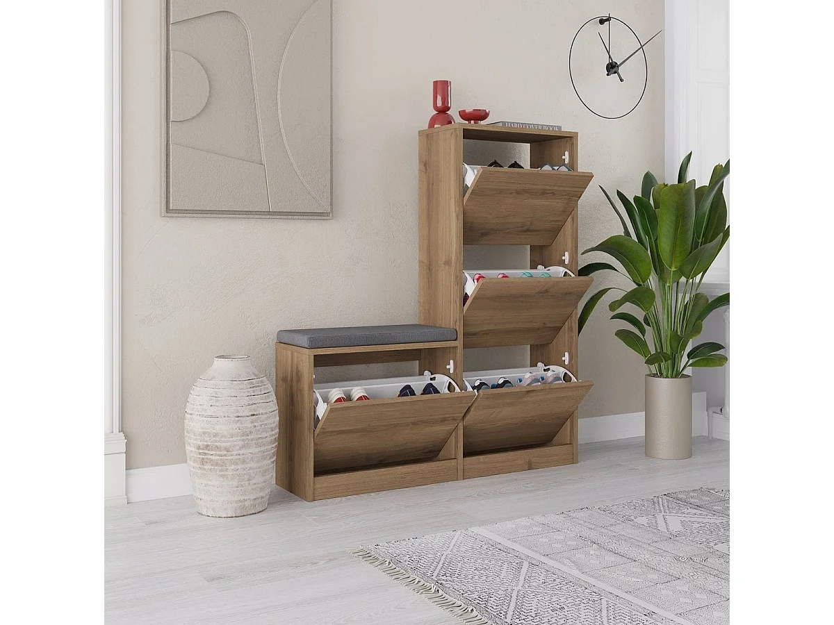Meuble à chaussures 4 portes avec banc effet bois foncé 105 cm - Kira