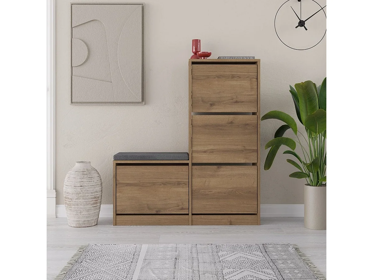 Meuble à chaussures 4 portes avec banc effet bois foncé 105 cm - Kira