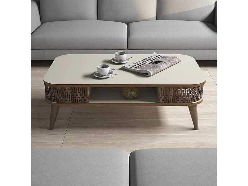 Table basse avec niche de rangement beige & effet Chêne 105 cm - Etta