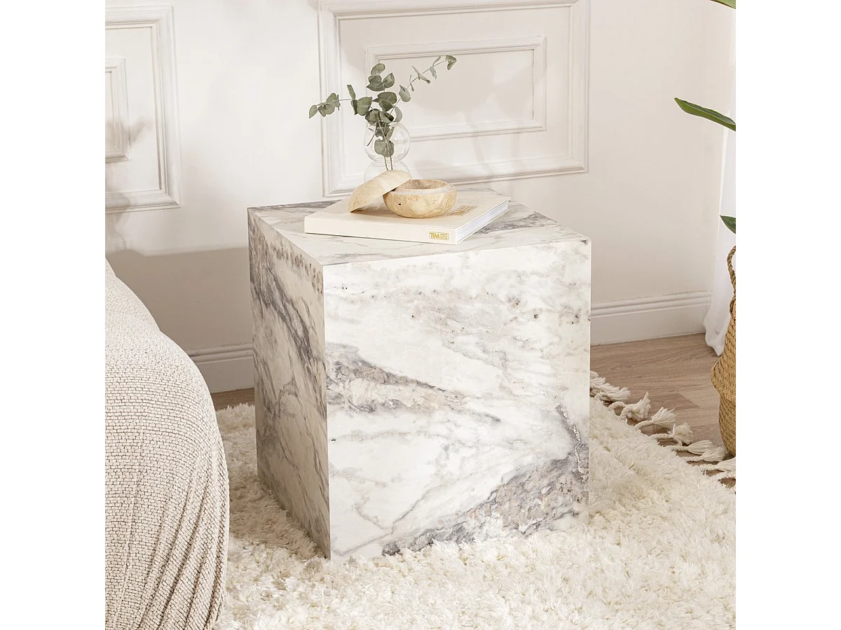 Table d'appoint cubique effet Marbre blanc 45 cm - Vanya