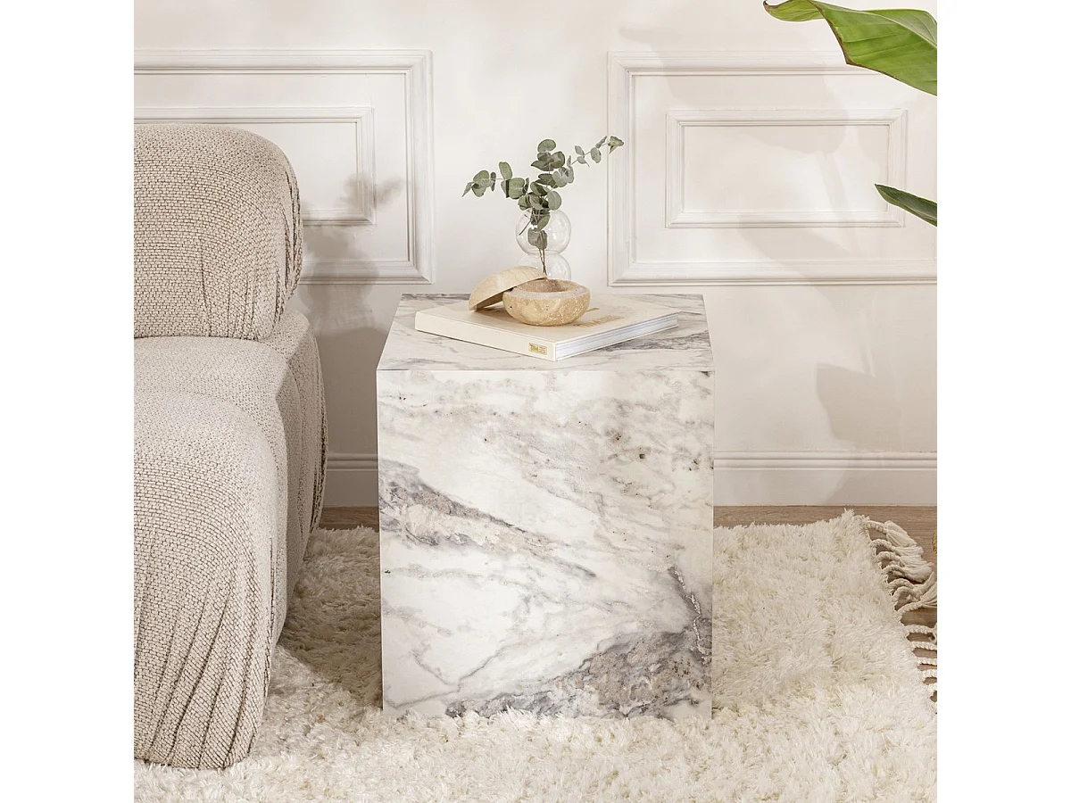 Table d'appoint cubique effet Marbre blanc 45 cm - Vanya