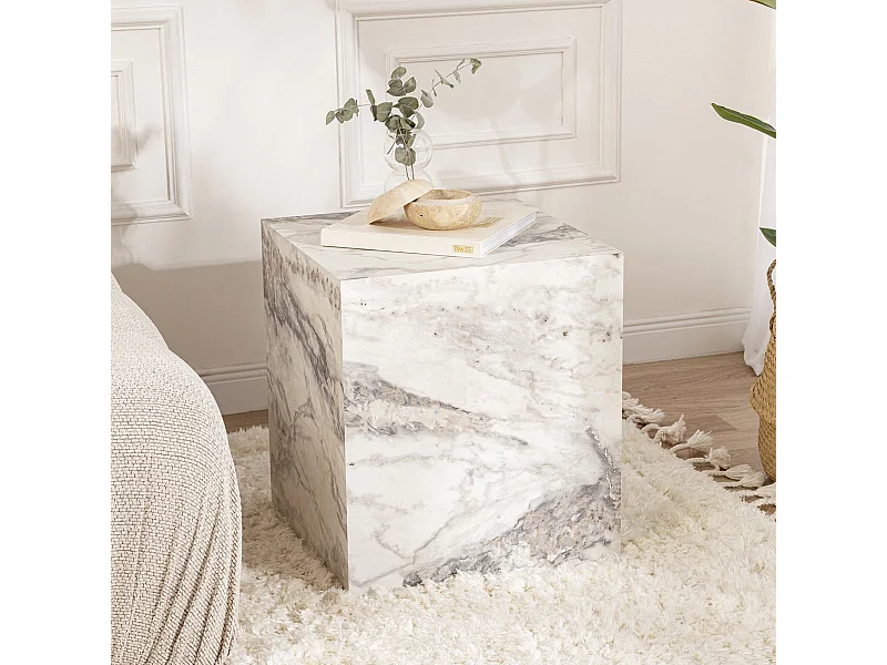 Table d'appoint cubique effet Marbre blanc 45 cm - Vanya