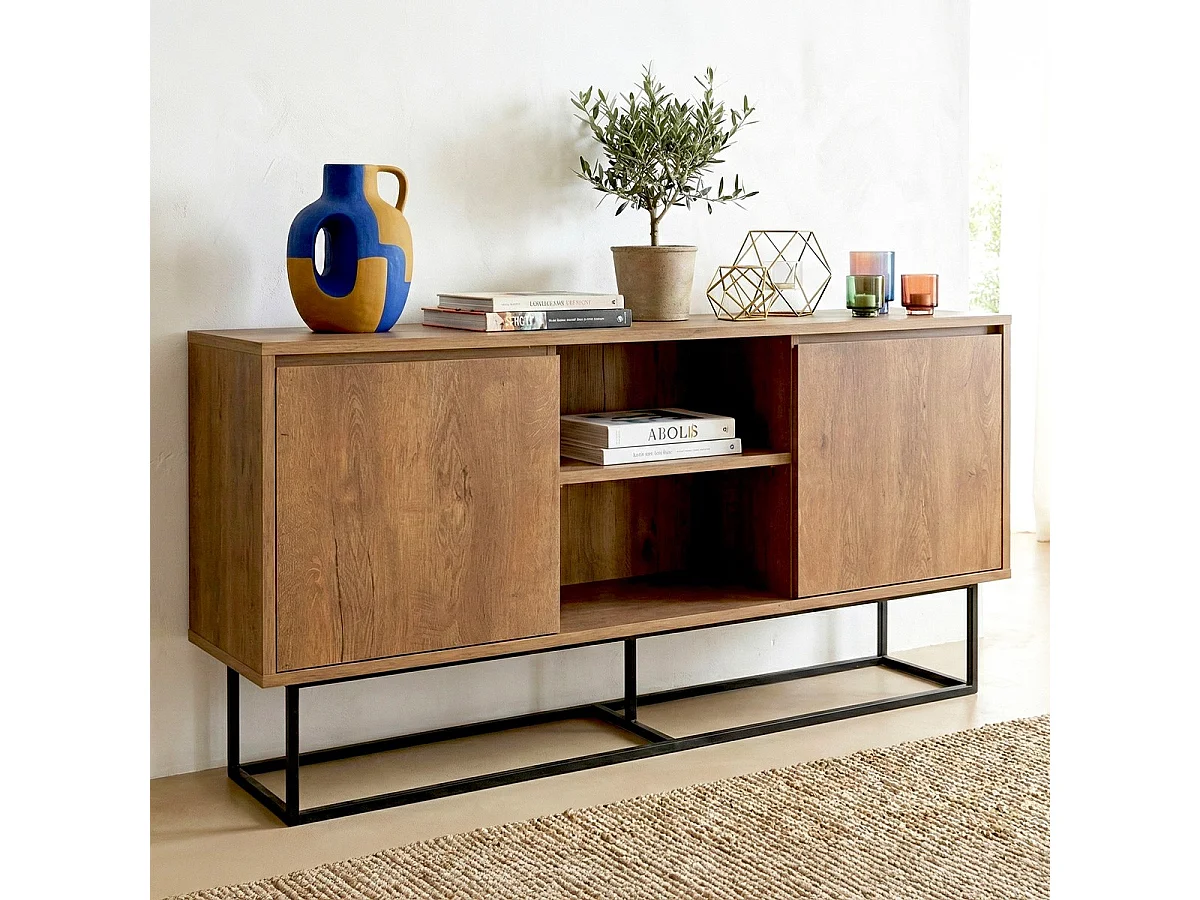 Buffet 2 portes 2 niches effet Noyer 140 cm - Nerio