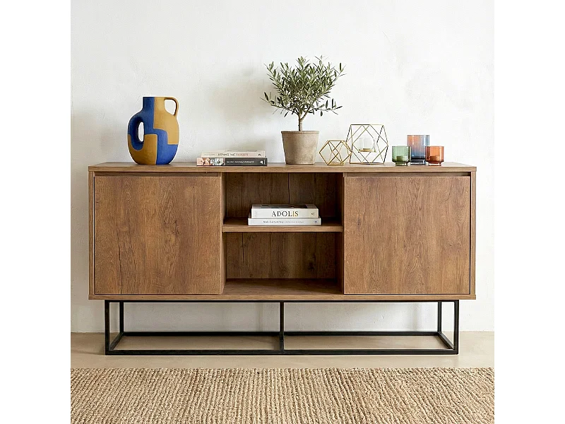 Buffet 2 portes 2 niches effet Noyer 140 cm - Nerio