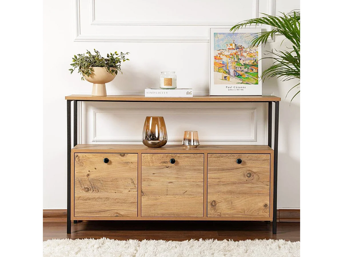 Buffet 3 portes effet bois foncé avec piètement noir 120 cm - Mareva