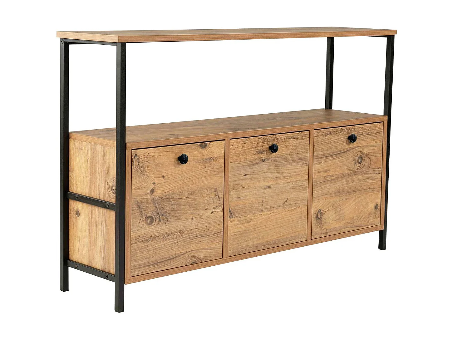 Buffet 3 portes effet bois foncé avec piètement noir 120 cm - Mareva