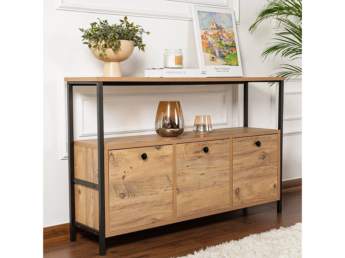 Buffet 3 portes effet bois foncé avec piètement noir 120 cm - Mareva