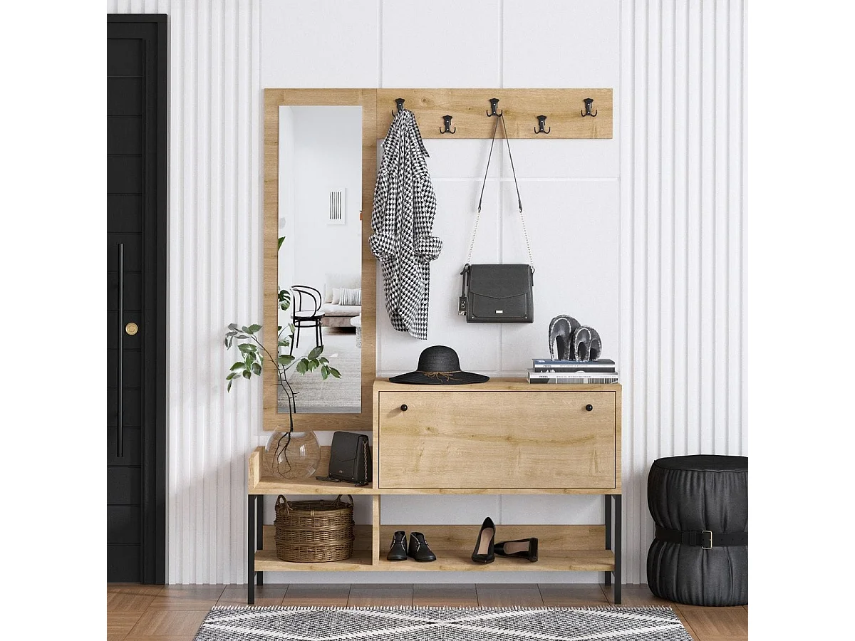 Meuble d'entrée avec miroir et patère murale effet Chêne - Sella