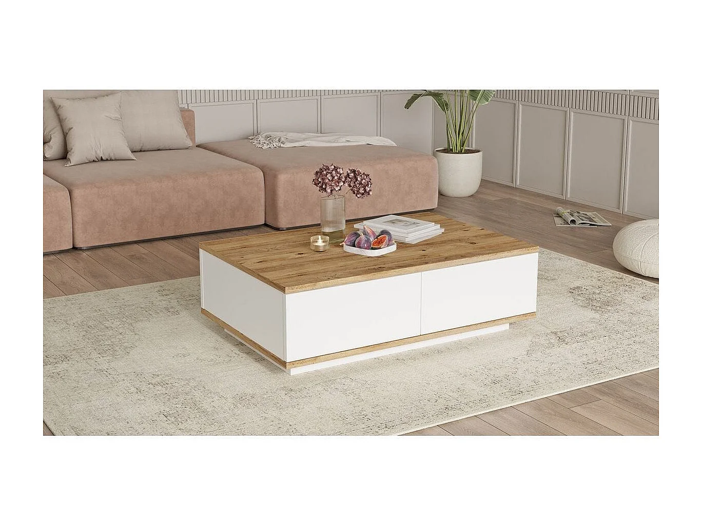 Table basse rectangulaire 4 portes blanc & effet Bois 90 cm - Ravia