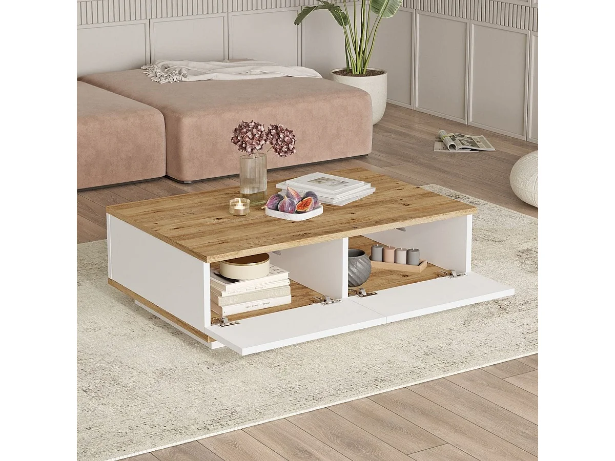 Table basse rectangulaire 4 portes blanc & effet Bois 90 cm - Ravia