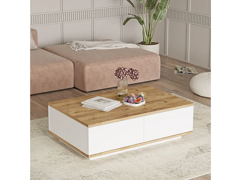 Table basse rectangulaire 4 portes blanc & effet Bois 90 cm - Ravia