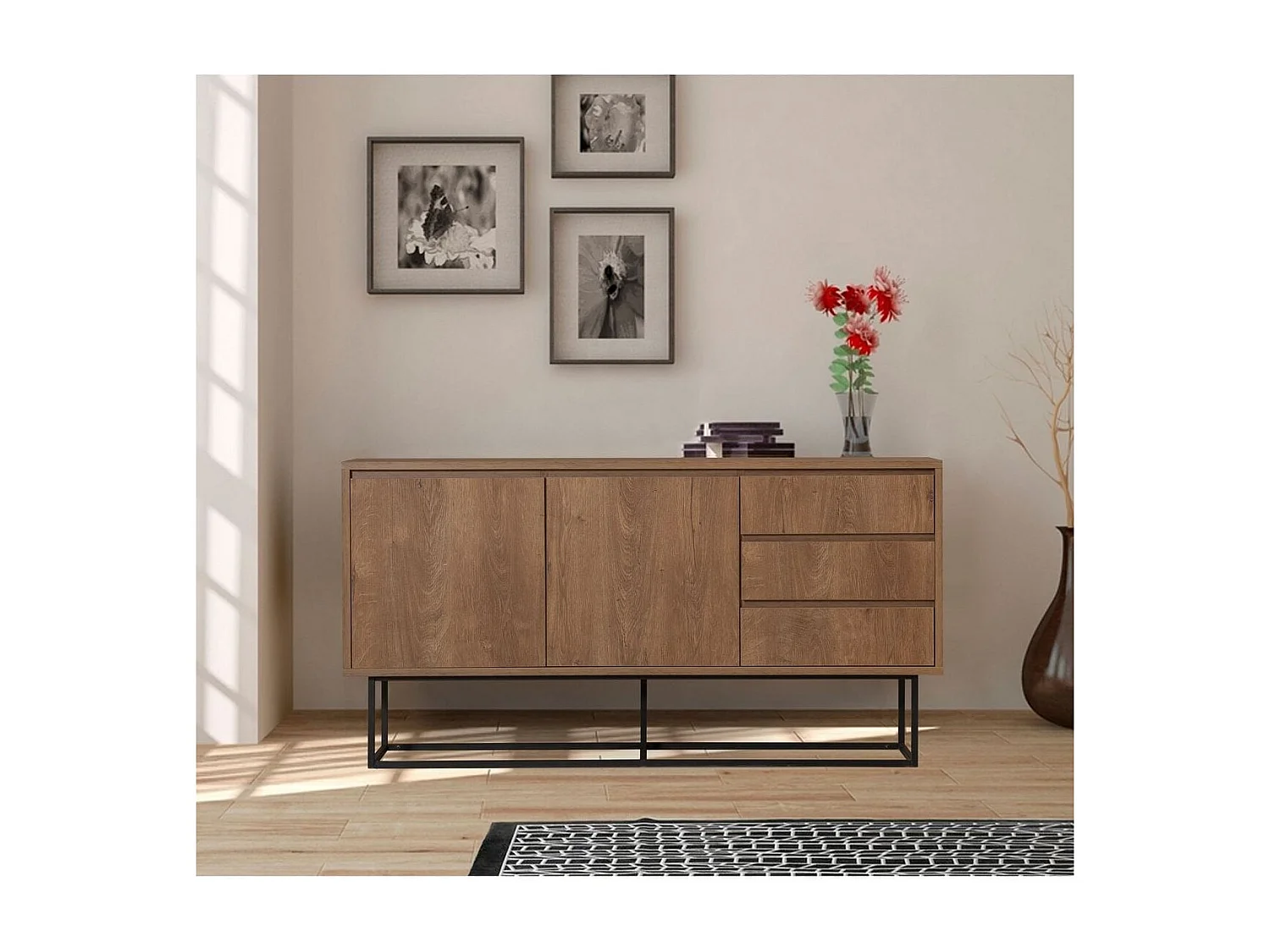 Buffet 2 portes 3 tiroirs effet Noyer 140 cm - Nerio